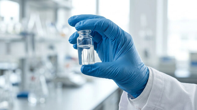 Scientist holding vial with liquid in laboratory, medical research concept