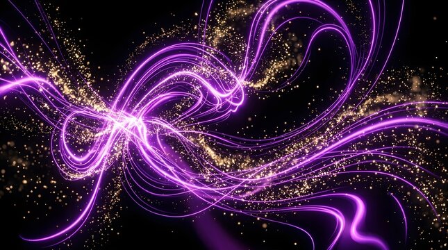 Abstract purple and gold light trails on black background