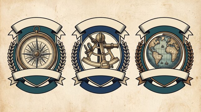 Engraved art depicting navigation tools with compass, sextant, and world map design