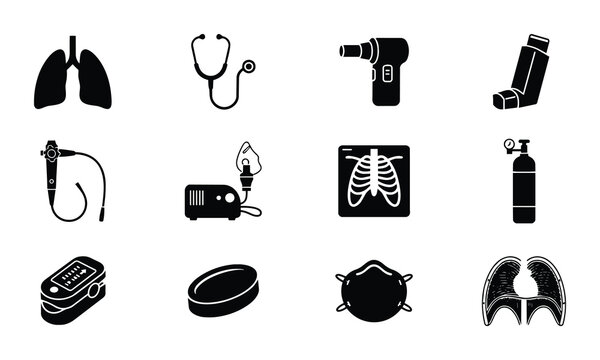 12 Respiratory Health linear icon set lungs, stethoscope, inhaler, X-ray, UI and web interface design