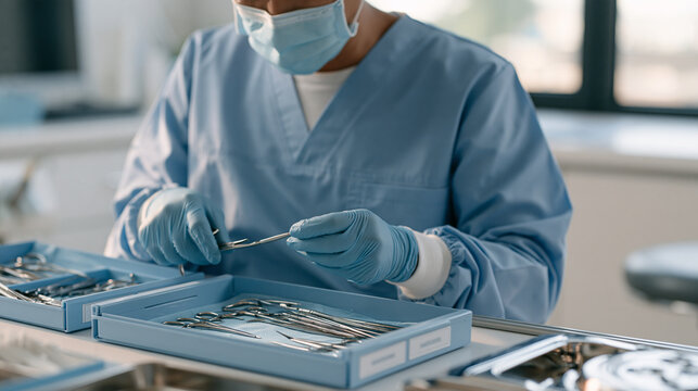 A dentist in a modern clinic servicing and sterilizing precision dental instruments after a patient session, arranging autoclaved tools in labeled trays, emphasizing the critical