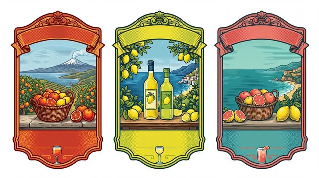 Engraved illustrations of fruit baskets and beverage labels from a coastal region