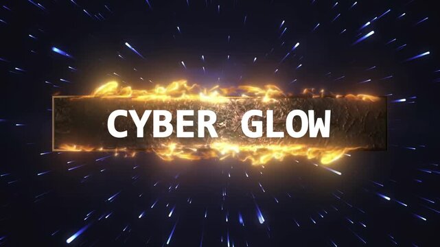 Dynamic cyber glow text animation with glowing orange fire and blue light speed particles on a dark background for video titles with futuristic title reveal