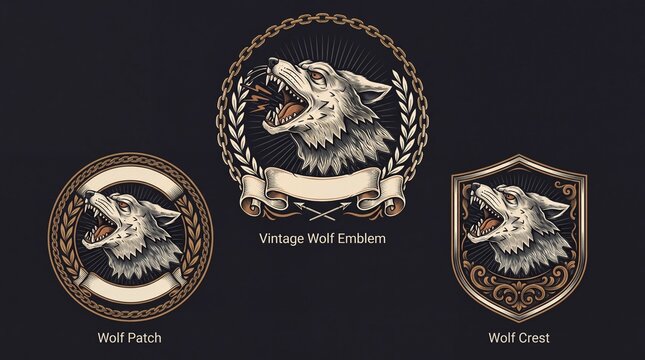 Vintage wolf emblems featuring detailed engravings and traditional designs from classic artwork of heraldry