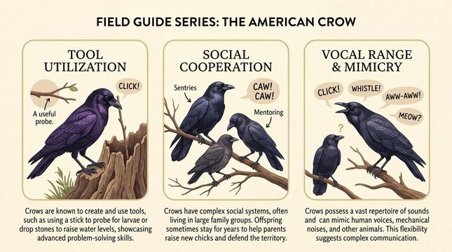 Field guide series featuring the American crow with details on tool use, social behavior, and vocal range