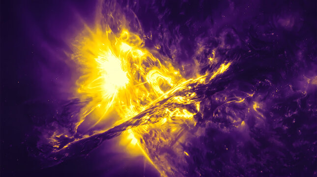Solar Flare and Fiery Plasma Eruption on Sun Surface Space Background
