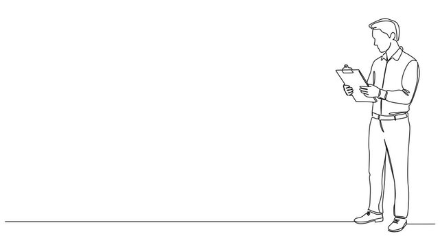 animated continuous line drawing of a businessman or manager reading documents on a clipboard, quality control, inspection or office work concept, line art animation