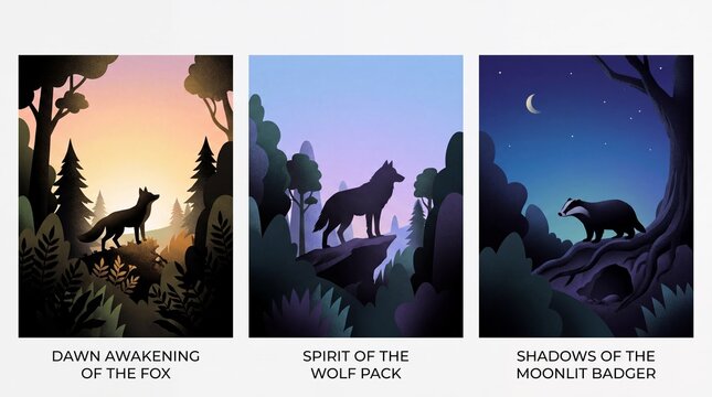 Three engraved illustrations of animals in nature settings at different times of day