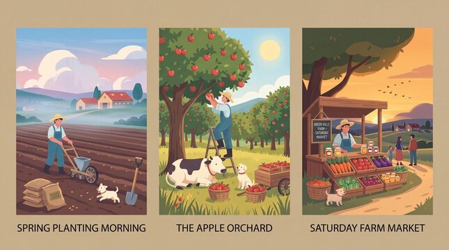 Engraved illustration of farm scenes with planting, apple picking, and a market