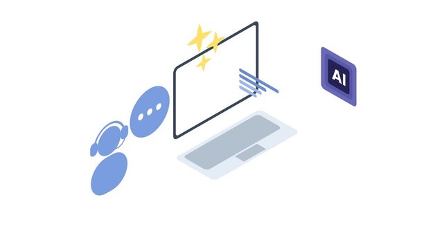 Animated Isometric AI Assistant with Laptop and Digital Technology Elements