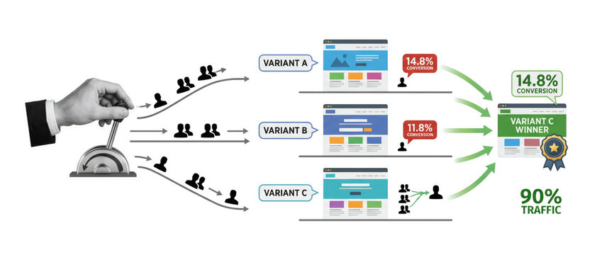 Composition of grayscale hand directing audience groups toward three website variants with comparison figures and a winning result, for split testing, isolated on a transparent background.