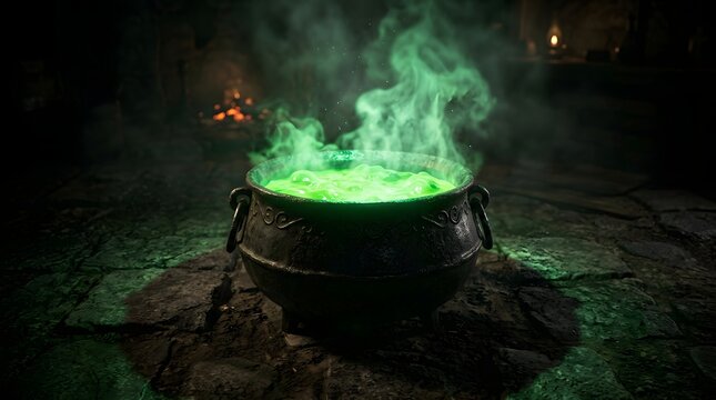 Mysterious bubbling cauldron with green smoke in dark stone chamber