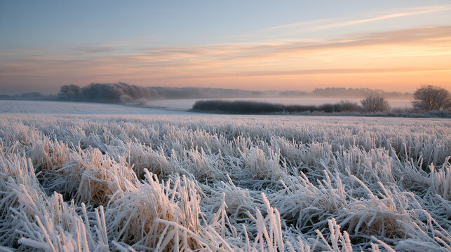 Hoar frost whitening the uneven stubble of a mown field