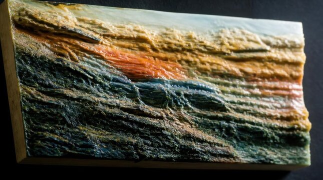 Detailed geological model displaying stratified rock layers and sediment textures in rich earthy tones.