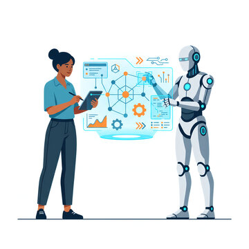 Woman and AI Robot Analyzing Data on Futuristic Holographic Interface Illustration
