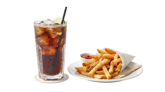 Classic cola soda with ice and lime, crispy french fries in paper cone, fast food meal combo on white background