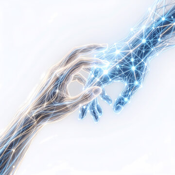 Human and Digital AI Hands Touching Futuristic Connection Illustration

