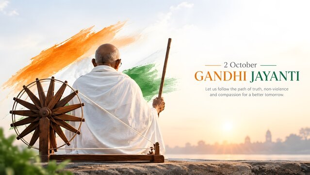 October 2 Gandhi Jayanti Celebration in India with Charkha, Peace and Tricolor Design