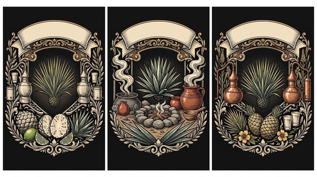 Engraved label template illustration of traditional agave plants and distillation process in vintage style