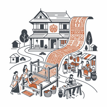 Traditional Weaving Craft Village with Ethnic Textile Production and Artisans Illustration
