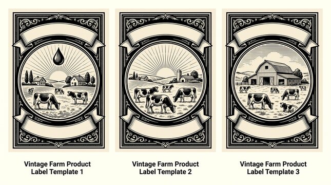 Engraved label template illustrations of vintage farm product labels featuring cows and rural landscapes