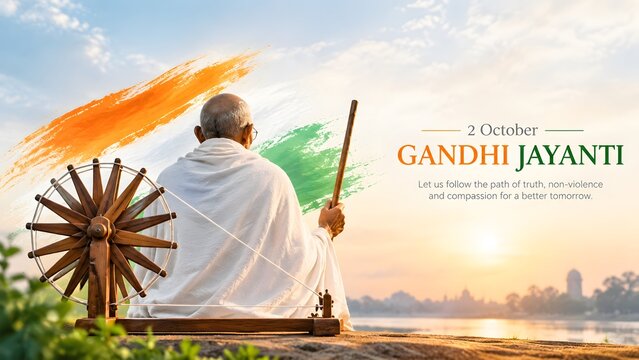 October 2 Gandhi Jayanti Celebration in India with Charkha, Peace and Tricolor Design