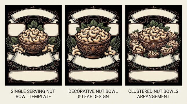 Engraved label illustrations of nut bowl designs with decorative elements and blank labels for customization
