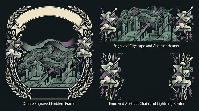 Engraved illustrations of frames and abstract designs featuring cityscapes, chains, and lightning with monochrome style