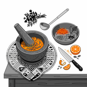 Traditional Spices and Herbs Preparation with Stone Mortar and Pestle Illustration
