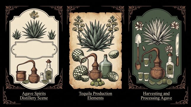 Engraved illustrations showing agave spirits distillery, tequila production elements, and harvesting of agave plants