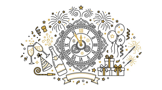 New Year Midnight Celebration Clock with Festive Party Elements Illustration
