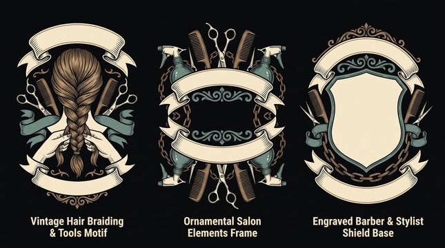 Vintage hair braiding and tools motif with ornamental salon elements and engraved barber shield base