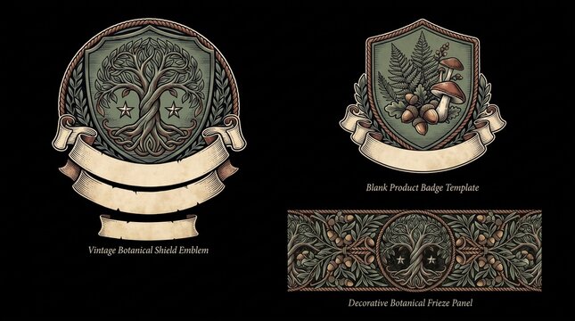 Vintage botanical shield and decorative frieze with detailed illustrations