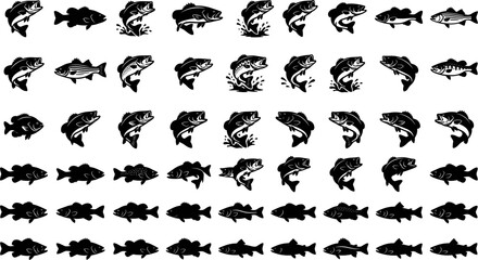 Fototapeta premium Largemouth bass fishing silhouette vector icon set featuring black solid stencils of freshwater gamefish leaping swimming splashing and trophy catches