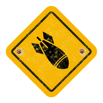Air raid warning sign with grunge texture, yellow diamond, vector illustration.
