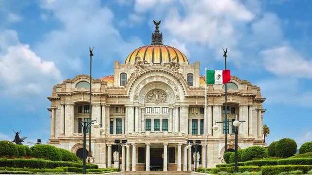 Palatial building with Mexican flag waves in gentle motion video footage