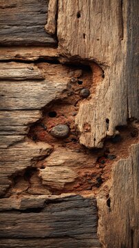 A close up view of weathered wood texture with deep cracks and nail heads against a rough background.