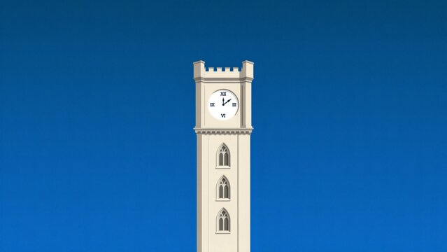 A tall white clock tower with roman numerals stands against a solid blue sky background with minimalist illustration light