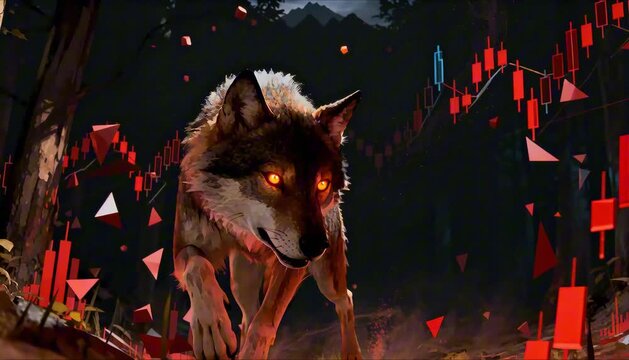 cunning wolf with glowing amber eyes among falling market charts