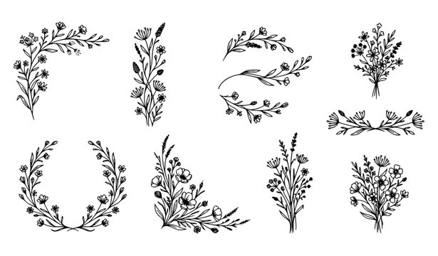 Elegant wildflower floral frames and fine line botanical wedding invitation vector art