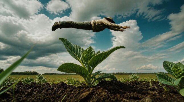 Man flying over a young plant in a field with dramatic clouds.