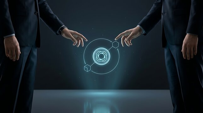 A person interacts with a bright luminous holographic sphere using outstretched hands in a dimly lit darkened interior space