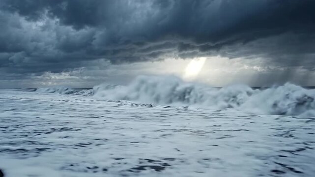 Stormy ocean waves crashing on black sand beach under dark dramatic clouds. Sea surf with foam and sunrays through stormy sky. Powerful nature seascape concept.