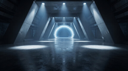 Fototapeta premium Futuristic dark industrial tunnel with glowing lights and reflective concrete floor