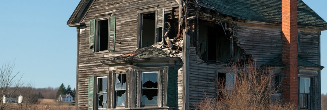 Abandoned house with broken windows and weathered wood siding, rural property inspection view for Halloween concept