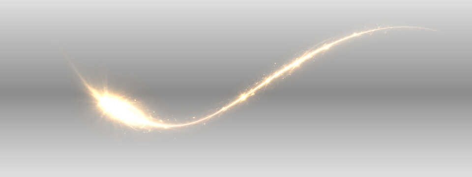 Lightl eak golden curved light trail with sparkling particles PNG overlay, on transparent background