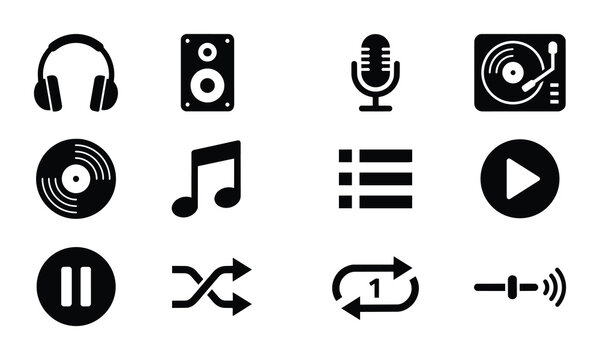 12 Music Icons Set, Silhouette, for Audio and Media Applications