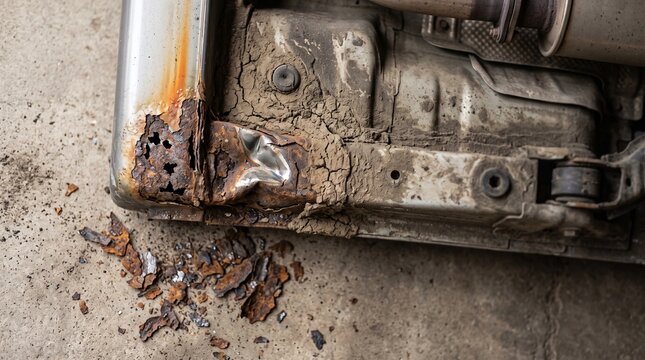 Severe car rust and chassis corrosion on vehicle underbody frame. Detailed metal oxidation with flaking rust particles on garage floor