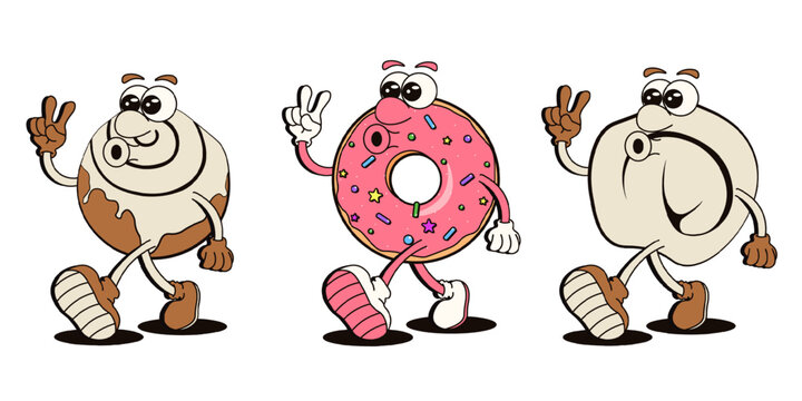 Set Food vector Character. Sweet Donut Synabon Dumpling with emotion face hands and legs isolated transparent background. Template design for fun Food poster menu cover print. EPS 10