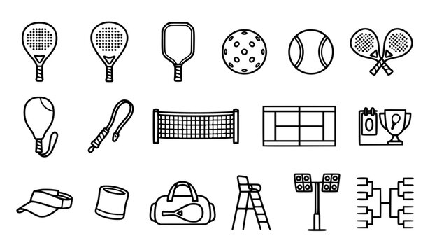 Racket Sports and Tennis Line Icon Set with Padel Rackets, Pickleball Paddle, Net, Court, Trophy, and Tournament Bracket Vector Icons